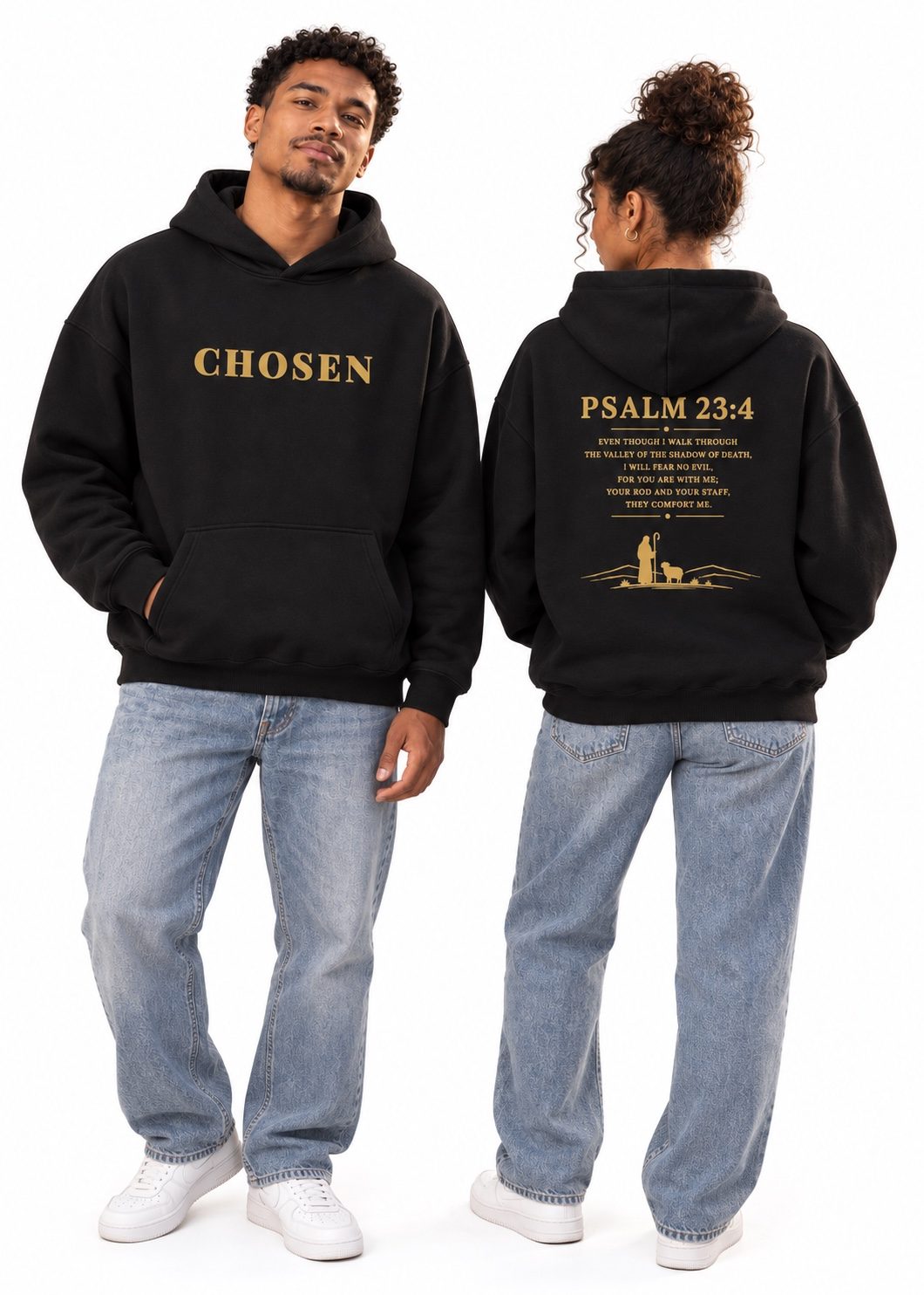 Psalm 23:4 Hoodie worn by two models, studio photo 1 of 2