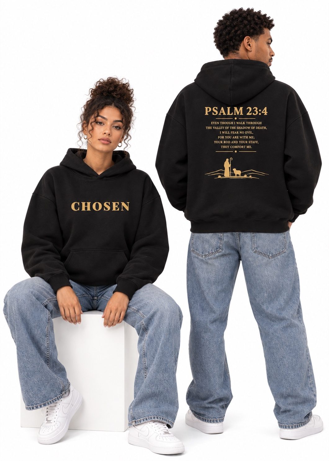 Psalm 23:4 Hoodie worn by two models, studio photo 2 of 2