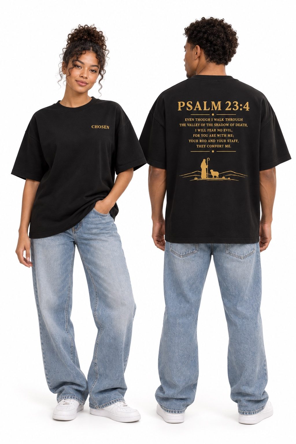 Psalm 23:4 Tee worn by two models, studio photo 1 of 2