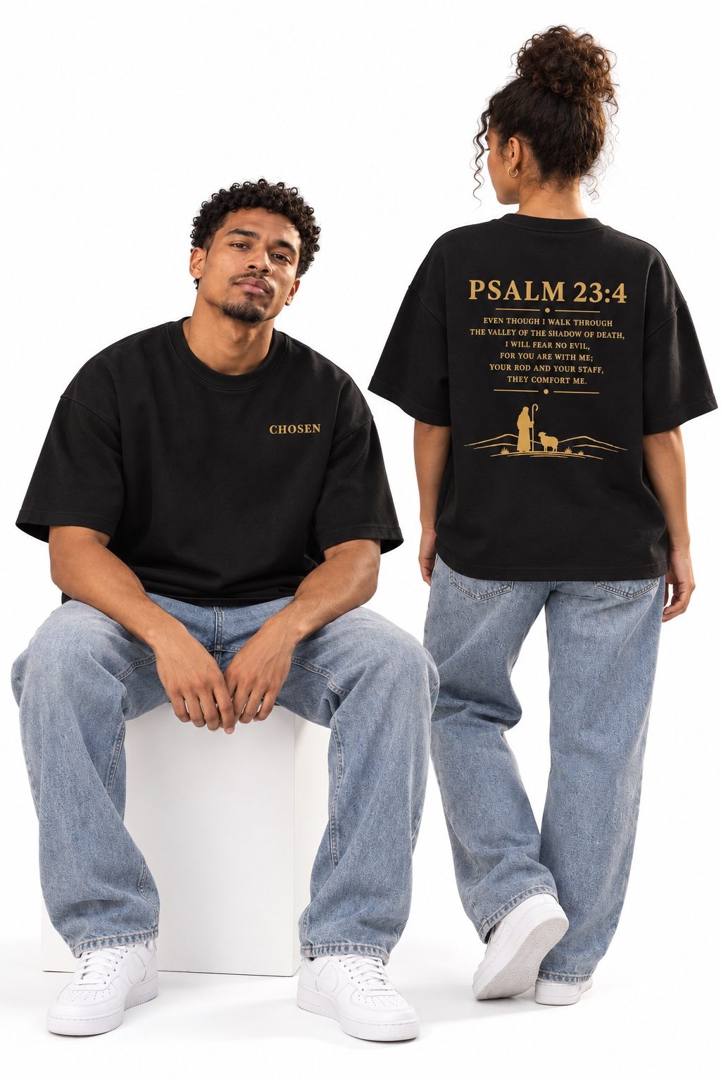 Psalm 23:4 Tee worn by two models, studio photo 2 of 2